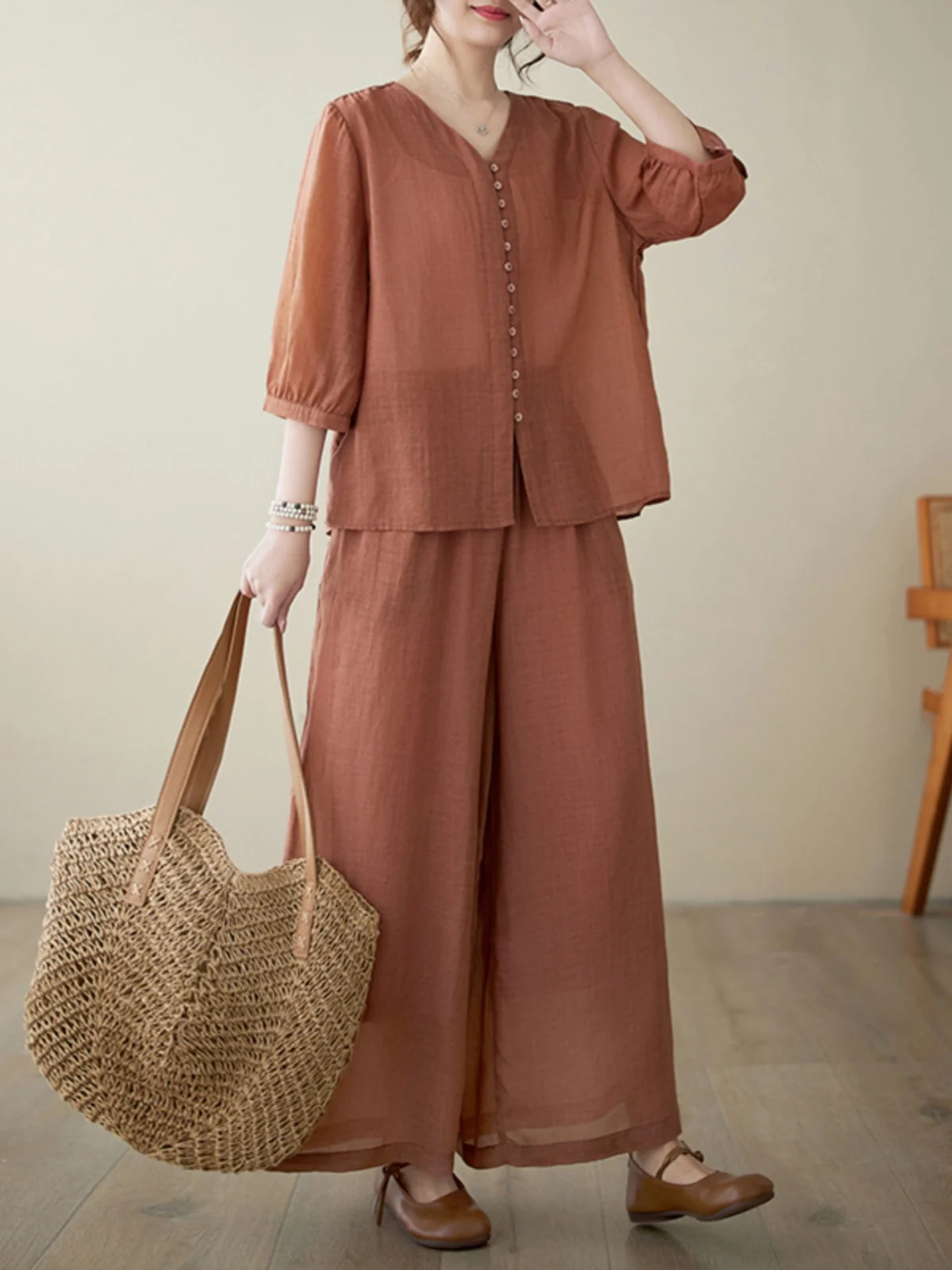 

New Chinese Style Cotton Linen Set Women Summer Loose Casual Three Quarter Sleeve Shirt Top Wide Leg Pants Two Piece Set