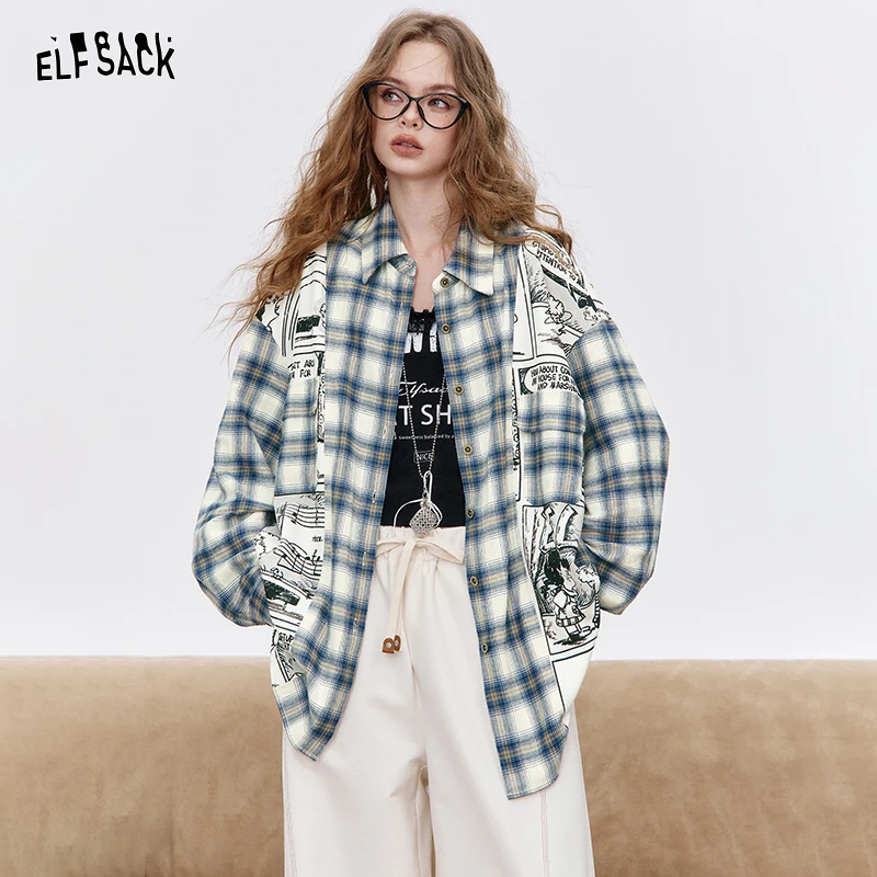 

ELFSACK 2025 Autumn New Arrival Casual Streetwear Loose Plaid Animation Print Long Sleeve Shirt For Woman