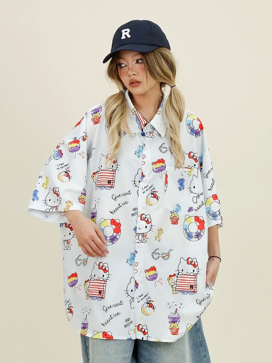 Cartoon Cat Short-sleeved Shirts Women\'s 2024 Summer New Loose Bf American Retro Versatile Shirt Trend