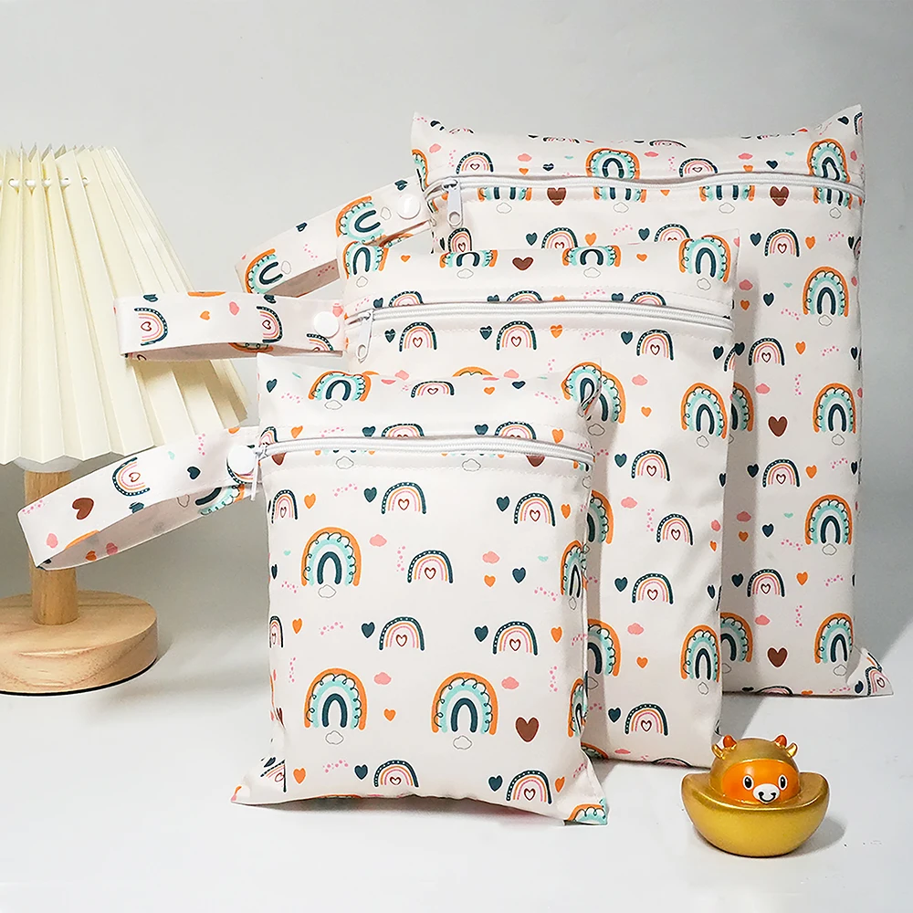 3pcs Waterproof Diaper Bags Bear Fox Rainbow Print Washable Menstrual Pouch Portable Handle Bags Swimsuits Wet Bag for Travel