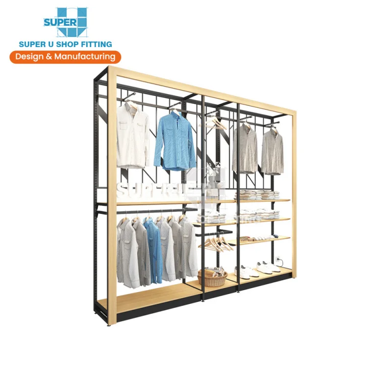 (Customized) modern cloth hanging wall rack display furniture custom design garment wall shelf LED light wooden retail clothing