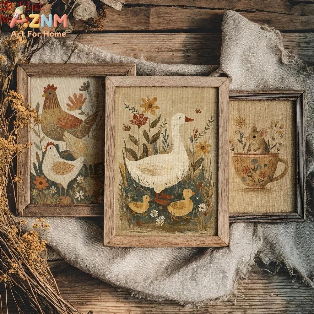 1pc/3pcs Farmhouse Nursery Prints Set | Vintage Goose, Chicken, Mouse