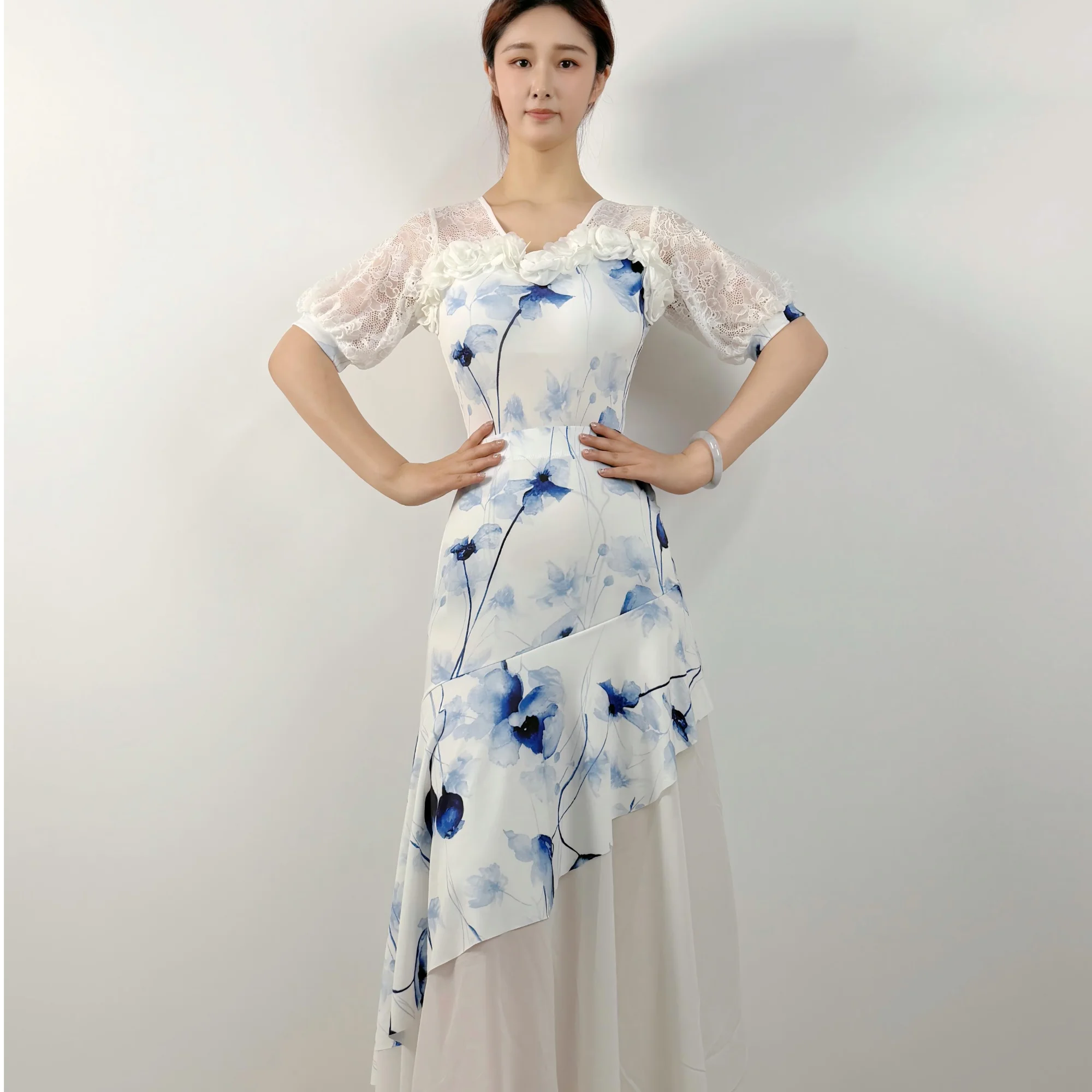 White Lace Flowers Ballroom Dance Tops Women Short Sleeves Leotards Waltz Tango Dance Practice Clothes Performance Wear BL19868