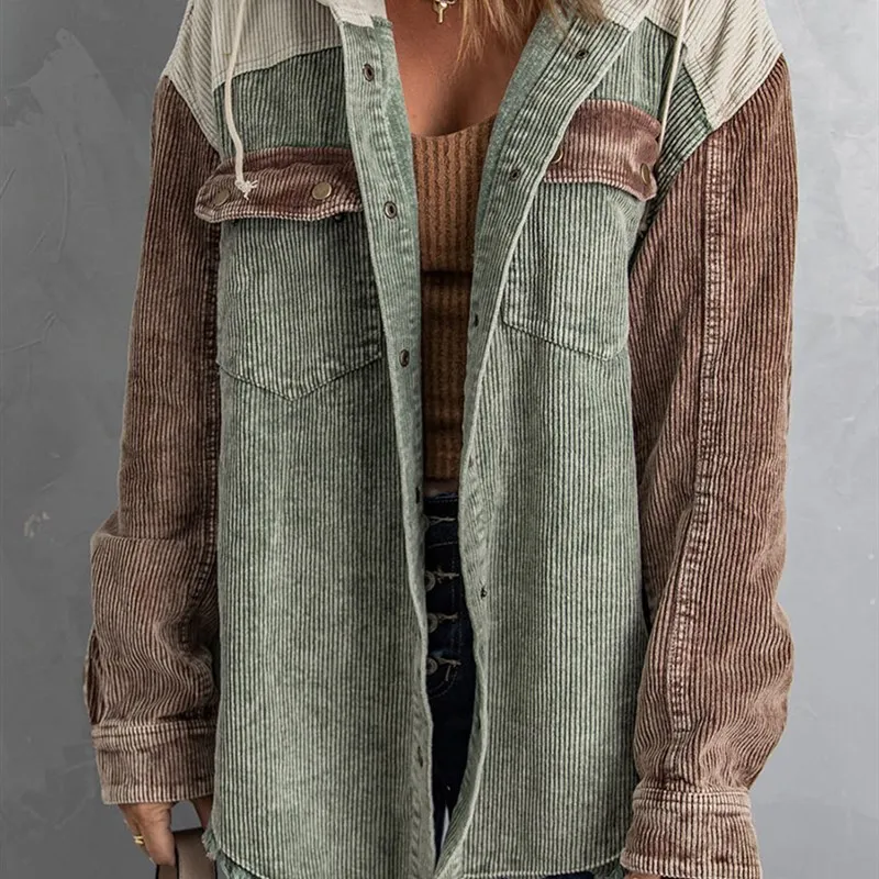 

Осень-зима, клетчатый вельветовый джинс с капюшоном и пуговицами, свободный крой, материал ex Universal Sle, лоскутное сращивание