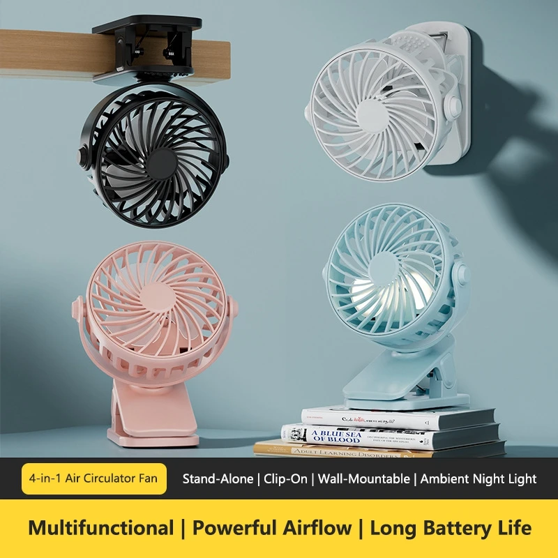 Portable Rechargeable Clip Fan 720° Rotatable Hanging Fan with Night Light Air Cooler for Outdoor Sport Camping Ventilador