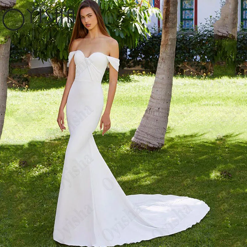 Oyisha-vestidos De Novia De satén con hombros descubiertos para mujer, traje De Novia De sirena con escote Corazón, Espalda descubierta, botones, hecho a medida Vestido de novia de satén al aire libre para mujeres swee