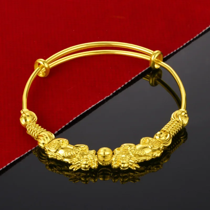Original 18 K Yellow Gold Color Money Pixiu Transfer Beads Bracelets for Women Baby Golden Bangles Fine Jewelry Gifts Not Fade
