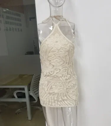 

Floral Crochet Knitted Lace Up Halter Bodycon Mini Dress 2025 Summer Women Sexy Sleeveless Backless Holiday Beach Outfits