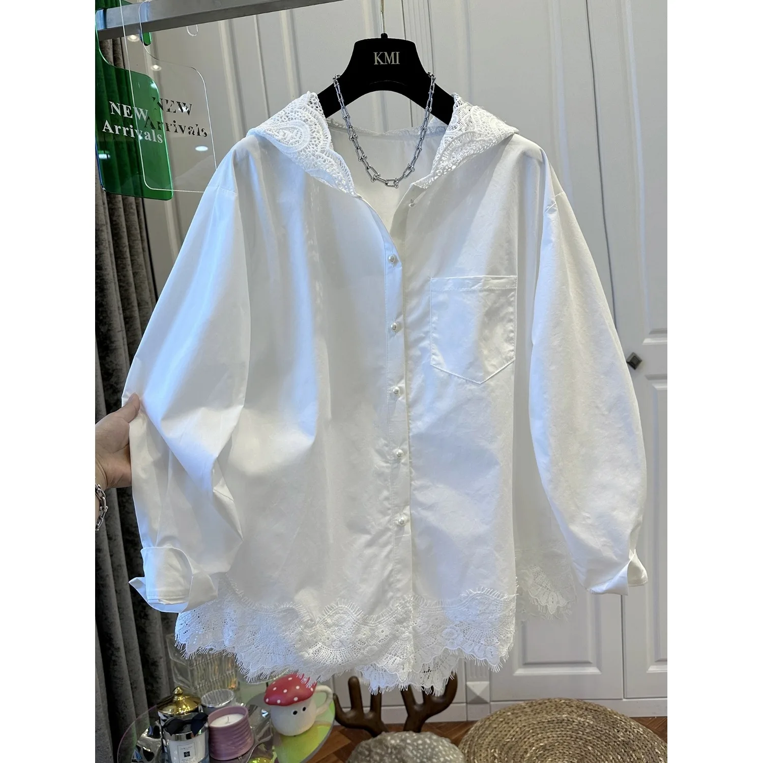 

Свободное женское пальто-рубашка больших размеров с капюшоном, длинными рукавами и кружевом, дышащее, комфортное, повседневное, весна-осень, новинка