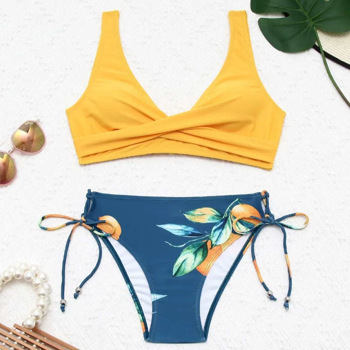 

Женский раздельный купальник с высокой талией, сексуальный купальник из двух предметов с эффектом пуш-ап, U-образный вырез, рюшами и бантом, на шнуровке, на бретельках, бикини, женский купальник