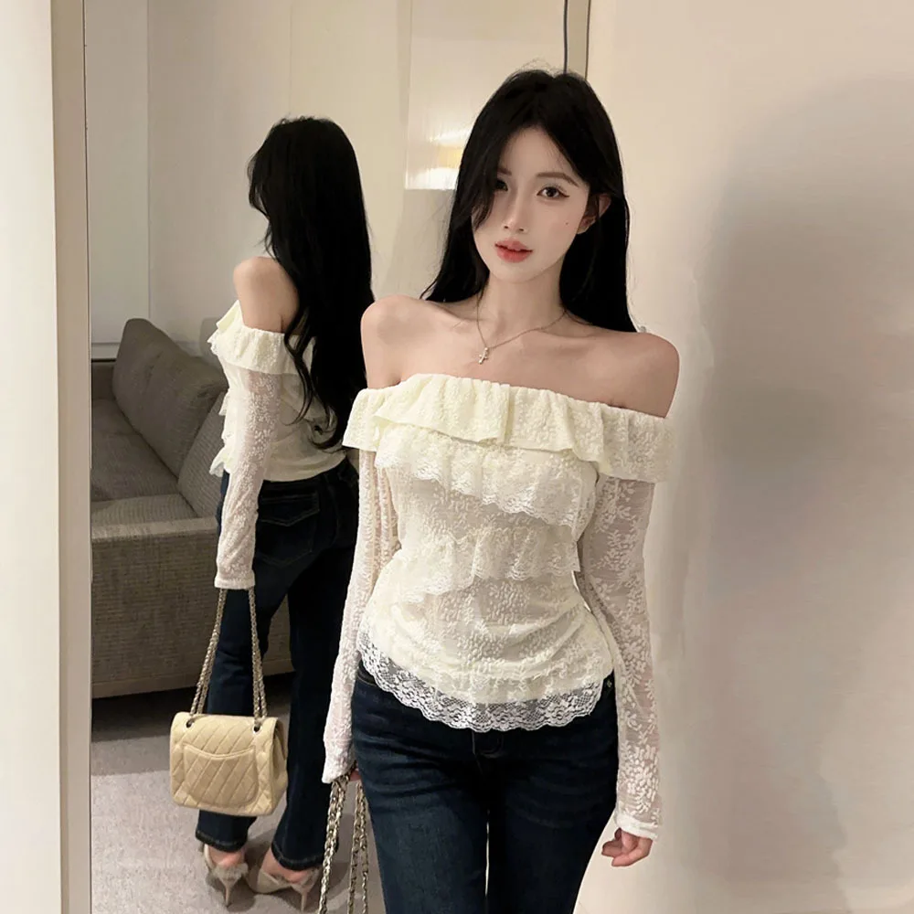 

Элегантная кружевная блузка с длинным рукавом и одним открытым плечом, с драпировкой, мягкий стиль, женская мода, весенняя коллекция, неэластичная ткань