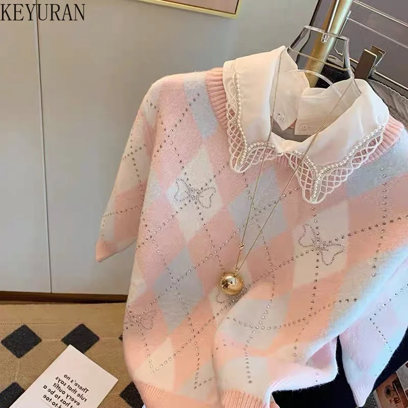 Korean Version Pink Argyle Short-sleeved Sweater Women\'s 2023 Spring New Design Diamond-studded Fake Two-piece Knitted Top Woman