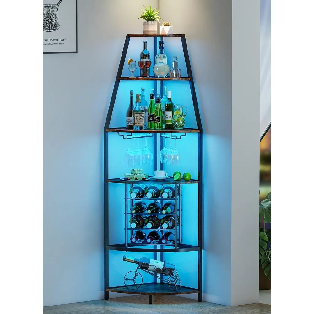 

6 Tier Corner Wine Rack Floor Standing Storage with LED Lights Glass Holder Industrial Metal Wooden Shelf for Home Bar