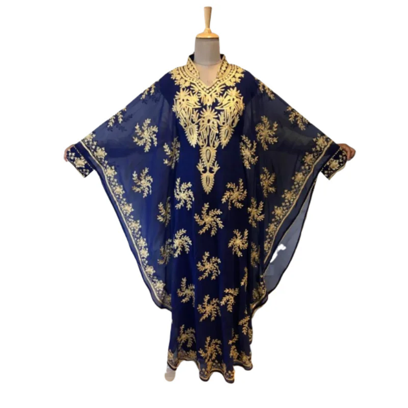 Dubai Morocco Blue Kaftan Abaya Jalabiya Ethnic Bell Sleevw Party Dress Sexy Dress