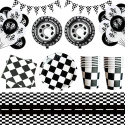 Racing Car Theme Birthday Party Black White Checkered Disposable Tableware Paper Plate Cups Boys Party Baby Shower Favors Decor