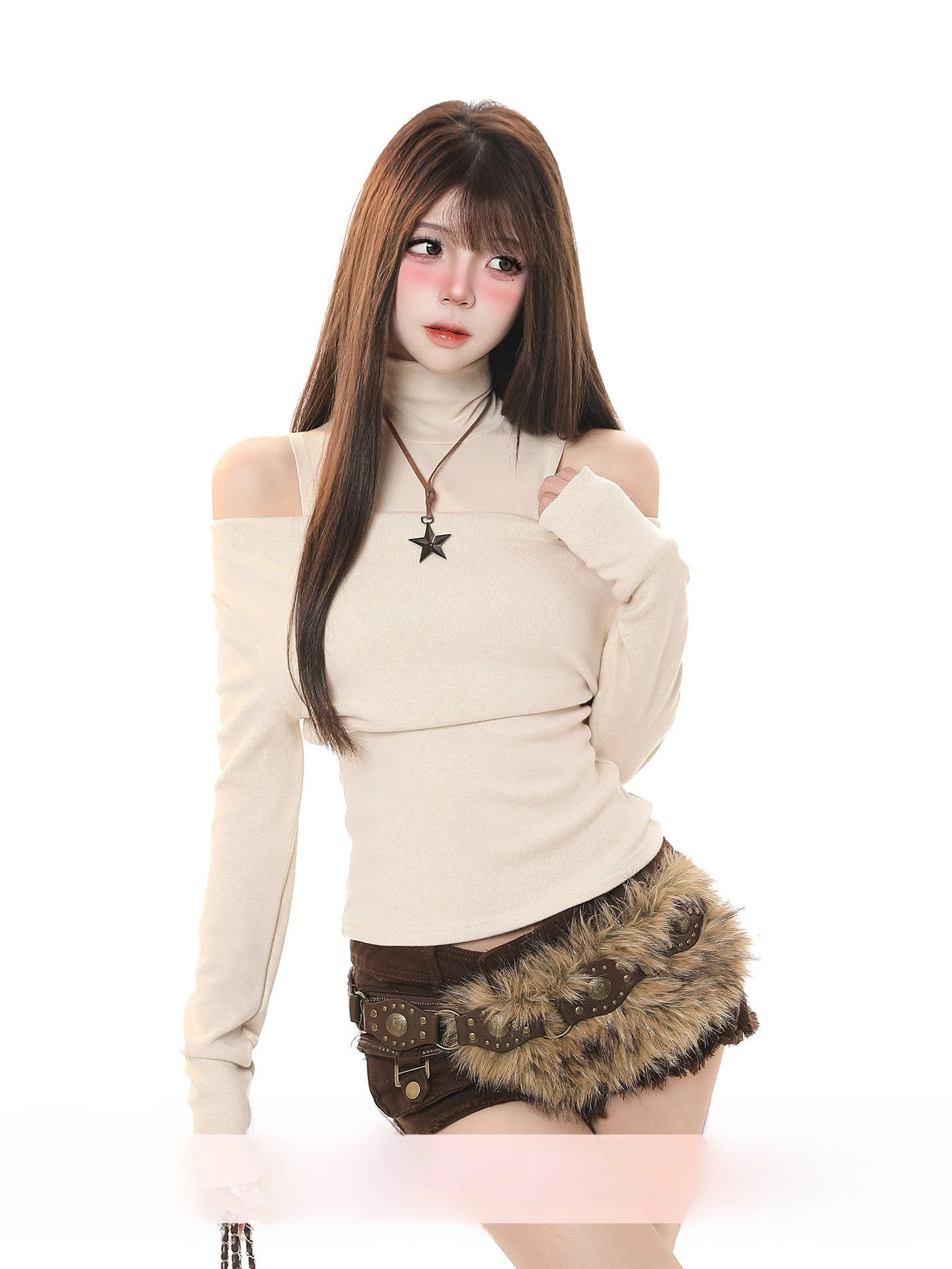 

Женская футболка Spicy Girl с высоким воротником и открытыми плечами, с длинными рукавами, облегающая, универсальная, молодежная, красивая, базовая модель