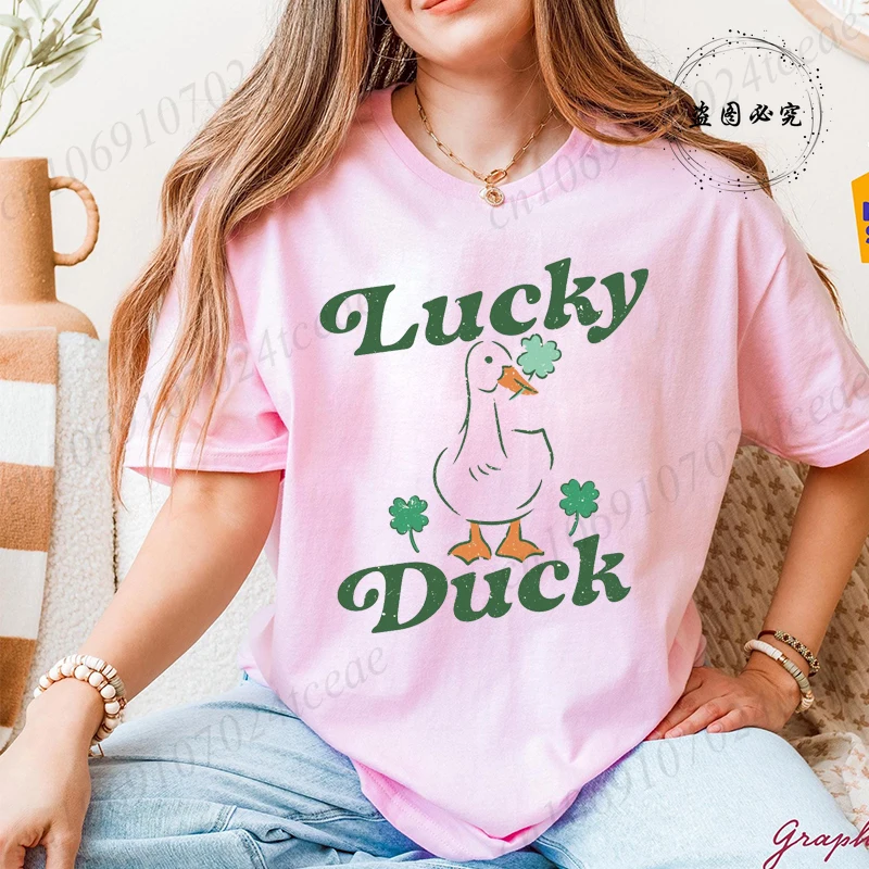 Lucky Duck Printed Tshirt Shirt for Women St Patrick's Day Woman T-Shirts Short Sleeve Irish Fashion Female Tee Clothing