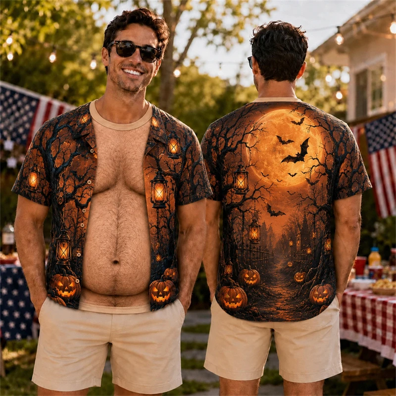 Horror Halloween Haunted House Mens T-shirts 3d Print Fake Muscle Short Sleeve Tees Casual Holiday Party Summer Costume Gifts