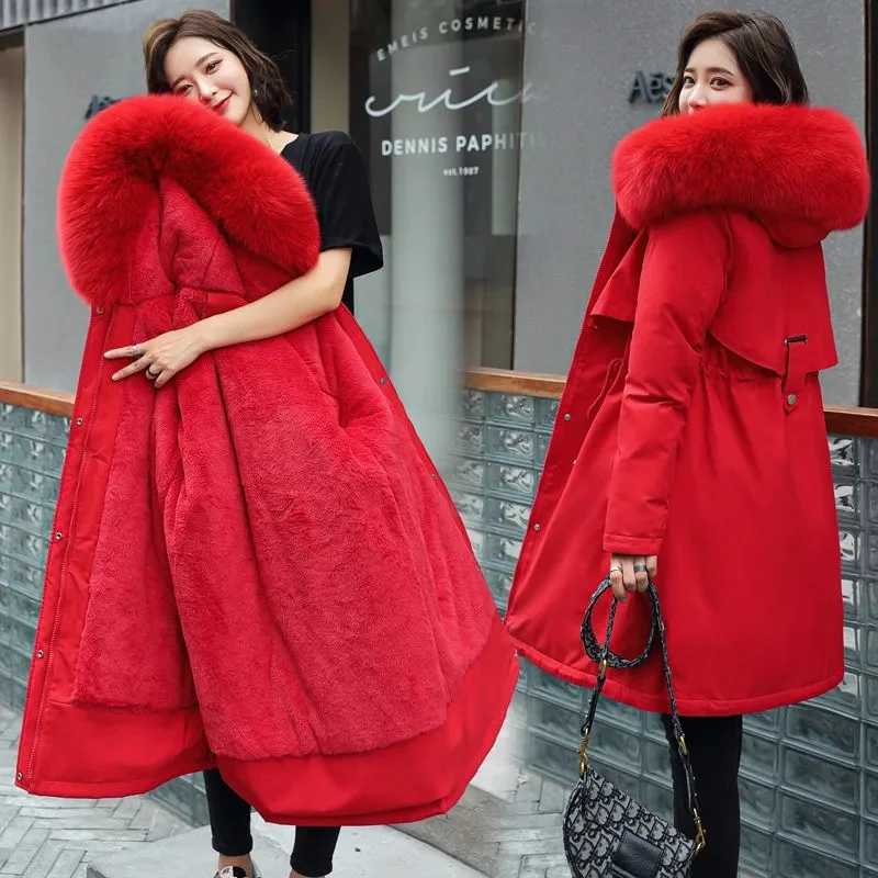 

Winter Women Jacket Parka Clothes Wool Liner Fur Collar Warm Loose Long Coat Hooded Jacket Warm Thick Snow Wear Padded Parka