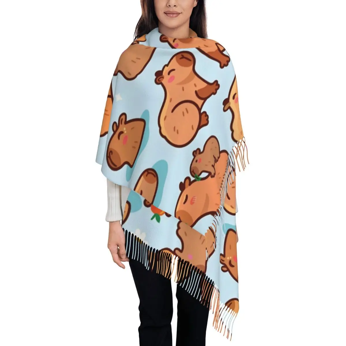 

Capybara Family On Blue Tassel Scarf Women Soft Shawl Wrap Ladies Winter Fall Scarves