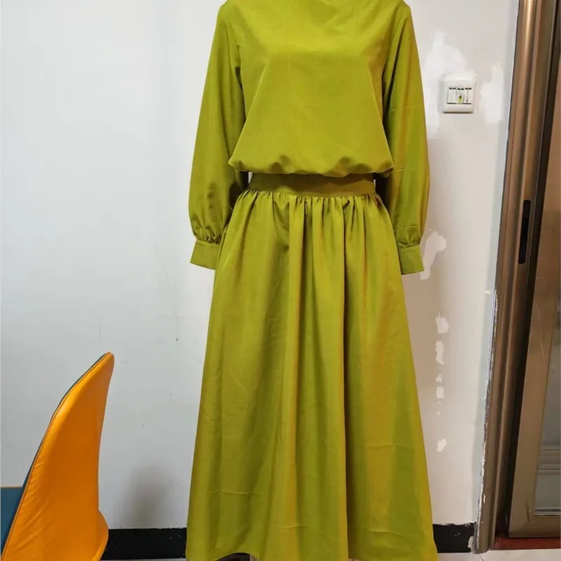 Women Long Sleeve Blouse Top & High Waist Maxi Skirt Sets Fashion Solid Two Pieces Dress Set Outfits Elegant Party Clothes