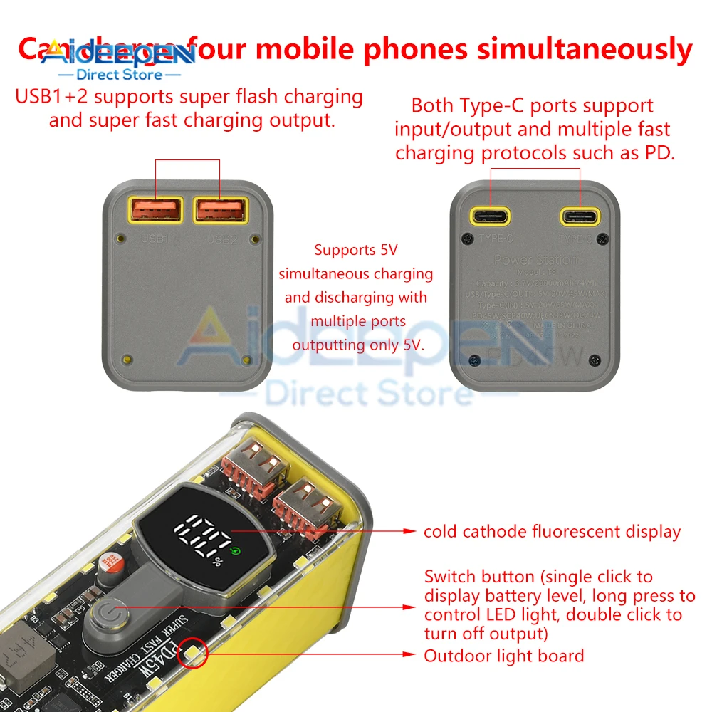 PD45W 8X 18650 USB Type-C بطارية شاحن سريع لتقوم بها بنفسك صندوق بنك الطاقة للهاتف شحن إلكتروني لا يشمل البطاريات