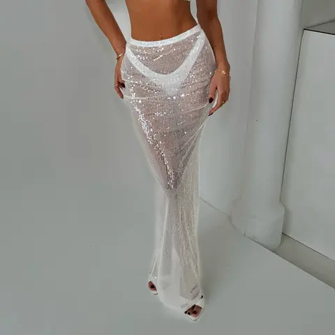 Y2K महिलाओं के लिए चमकदार सेक्विन शीर स्कर्ट, चमकदार इलास्टिक कमर, पारदर्शी रंग, पार्टी क्लब के लिए लंबी बॉडीकॉन स्कर्ट 8 best sales पारदर्शी स्कर्ट - №8