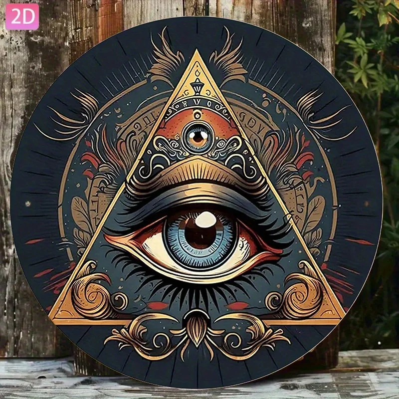 2D Flat High Definition Metal Wall Art Masonic Eye of Providence All Seeing Eye Divine Triangle Symbol Round Metal Sign Featurin