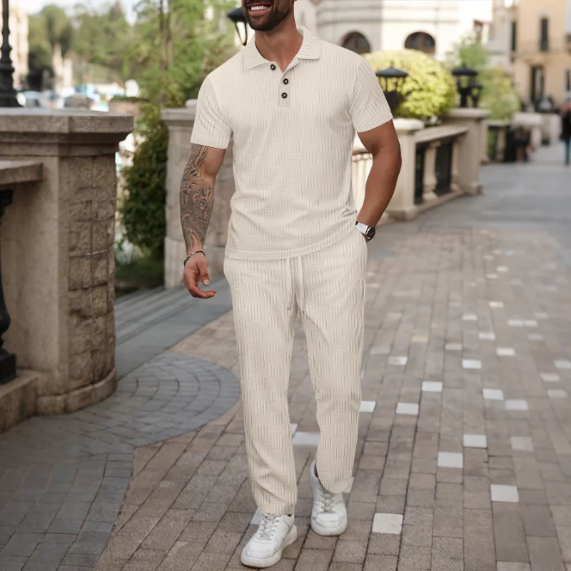 

Men Solid Jacquard Lapel Button Short Sleeve Polo Drawstring Pants Summer Casual Two Piece Set