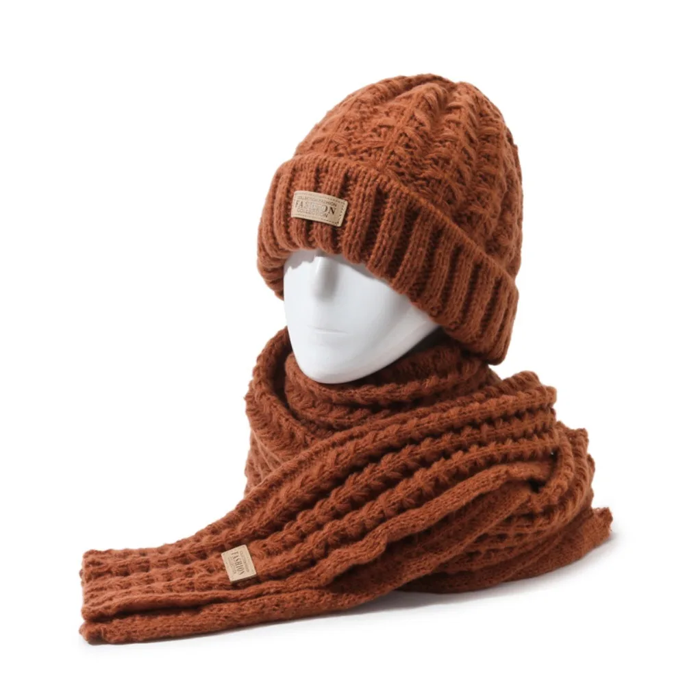 

2Pcs Fashion Windproof Knitted Hat Scarf Korean Style Plush Neck Guard Hat Set Thicken Simple Warm Scarf Winter Autumn