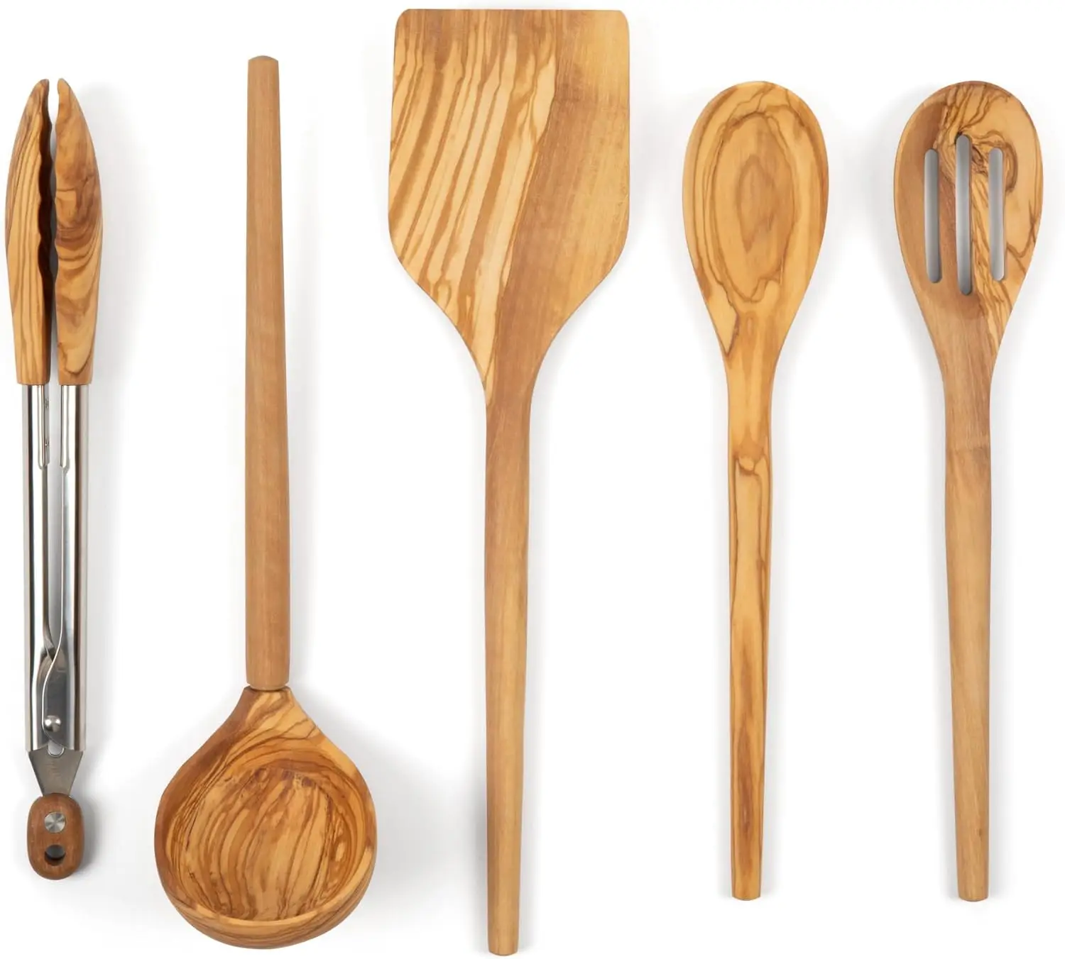 Juego de Utensilios de Cocina de Madera de Olivo de 5 Piezas - Seguro para Utensilios Antiadherentes, Natural y Ecológico