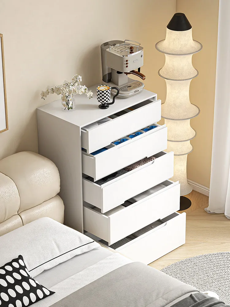 chest of drawers, minimalist light luxury cream style white chest of drawers, bedroom solid wood storage cabinet