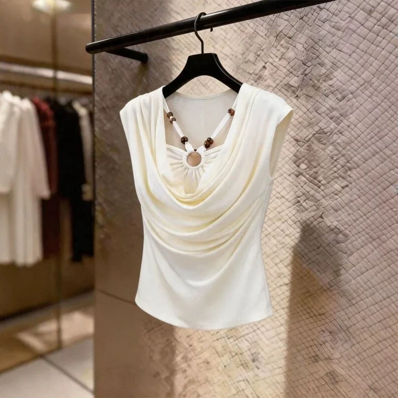 Elegant White Cowl Draped Sleeveless Top Women Beaded Halter Strap Slim Blouse Office Commuter Uched Vest Summer Lady T-shirt
