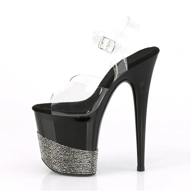 Sexy Transparent Platform Sandals | 20CM Crystal Clear Heels | Glitter Rhinestone Accents Metal Buckle | Stage Performance Shoes