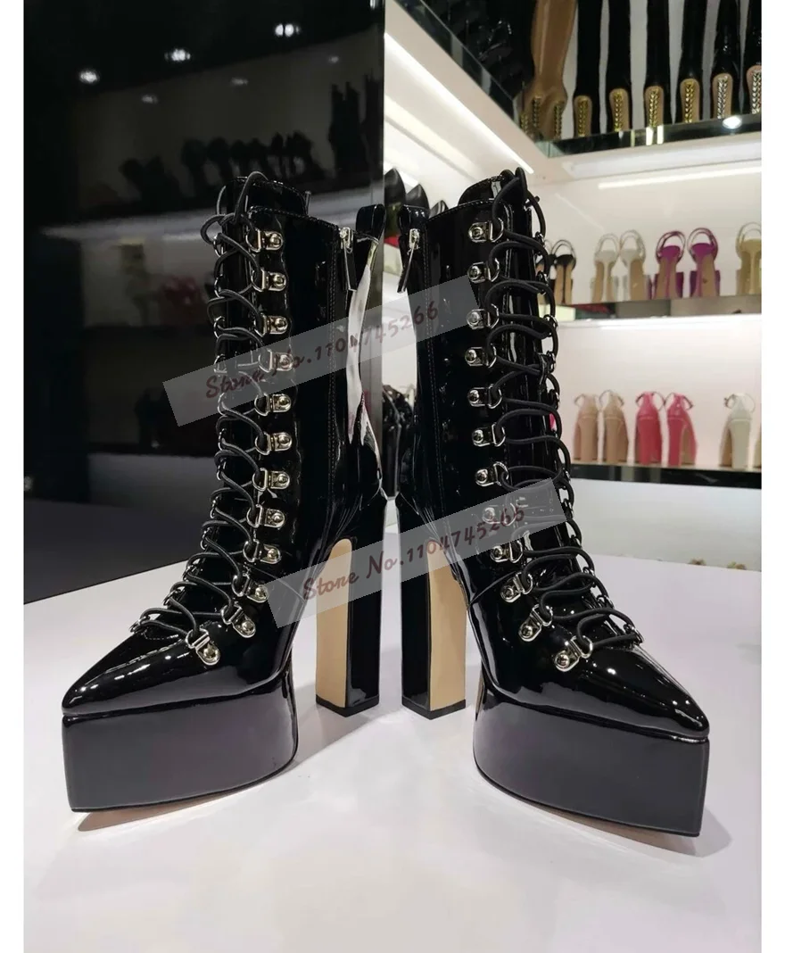 Black Shiny Patent Leather Chunky Heel Ankle Boots Punk Style Platform Pointed Toe Booties Metal Buckle Cross Tied Dress Shoes