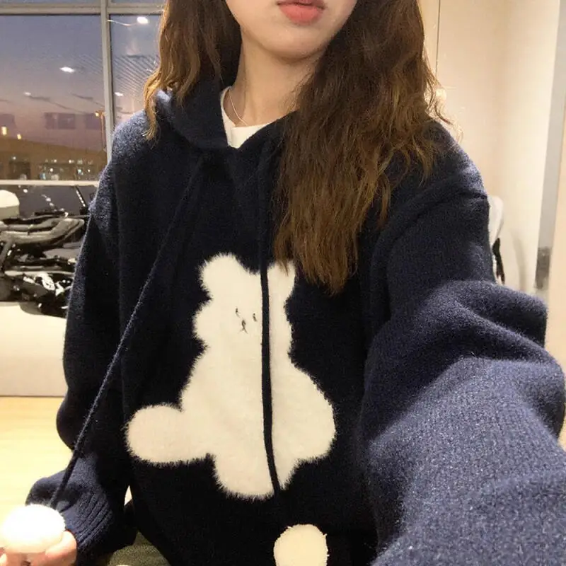 

Hooded Sweater Cardigan Women's Base Layer Loose Fit Autumn Winter New Style Female Gentle Design Sense Knitted Temperament Tops