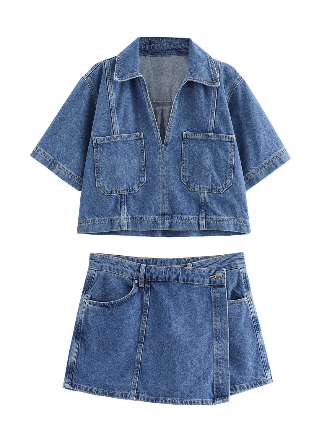 Summer Denim Co Ord Sets Short Sleeve Crop Top And Front Wrap Style High Waist Skort Two Piece Set Women Outfit 2024 Shorts Sets