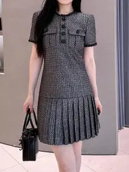 Autumn 2024 Women's Tweed Dress Diamond Decoration O-Neck Short Sleeve Pleated Hem Elegant Female Mini Robe