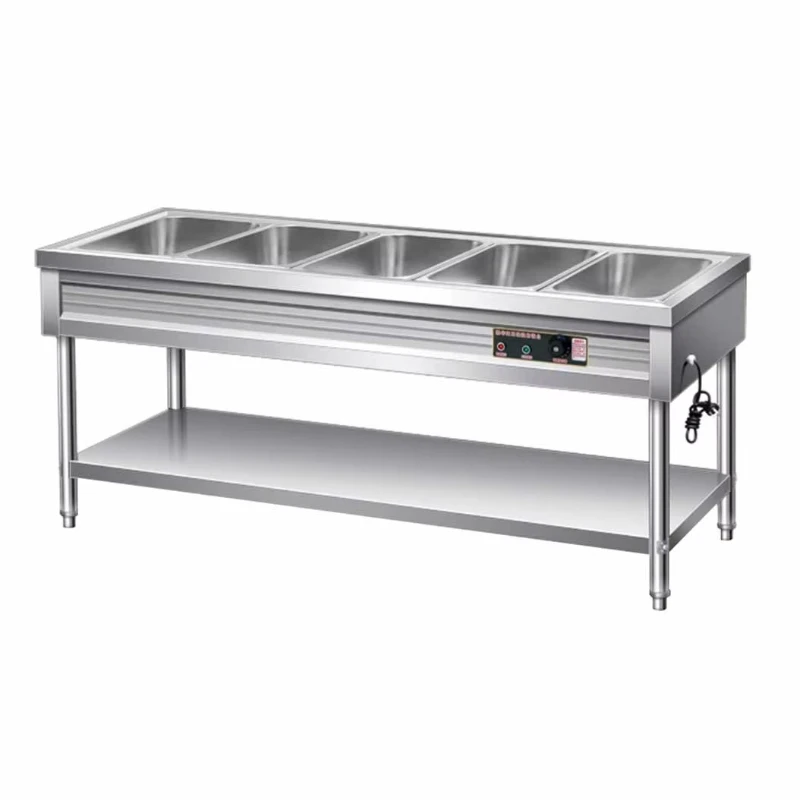 Freestanding commercial food warmer with insulated heating table and glass cover for cafeteria insulation