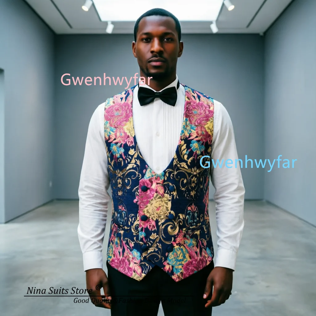 G&N 2026 Men's Velvet Suit Jacket Vest in Navy Blue with Customizable Chrysanthemum Printed Double Breasted Costume Homme