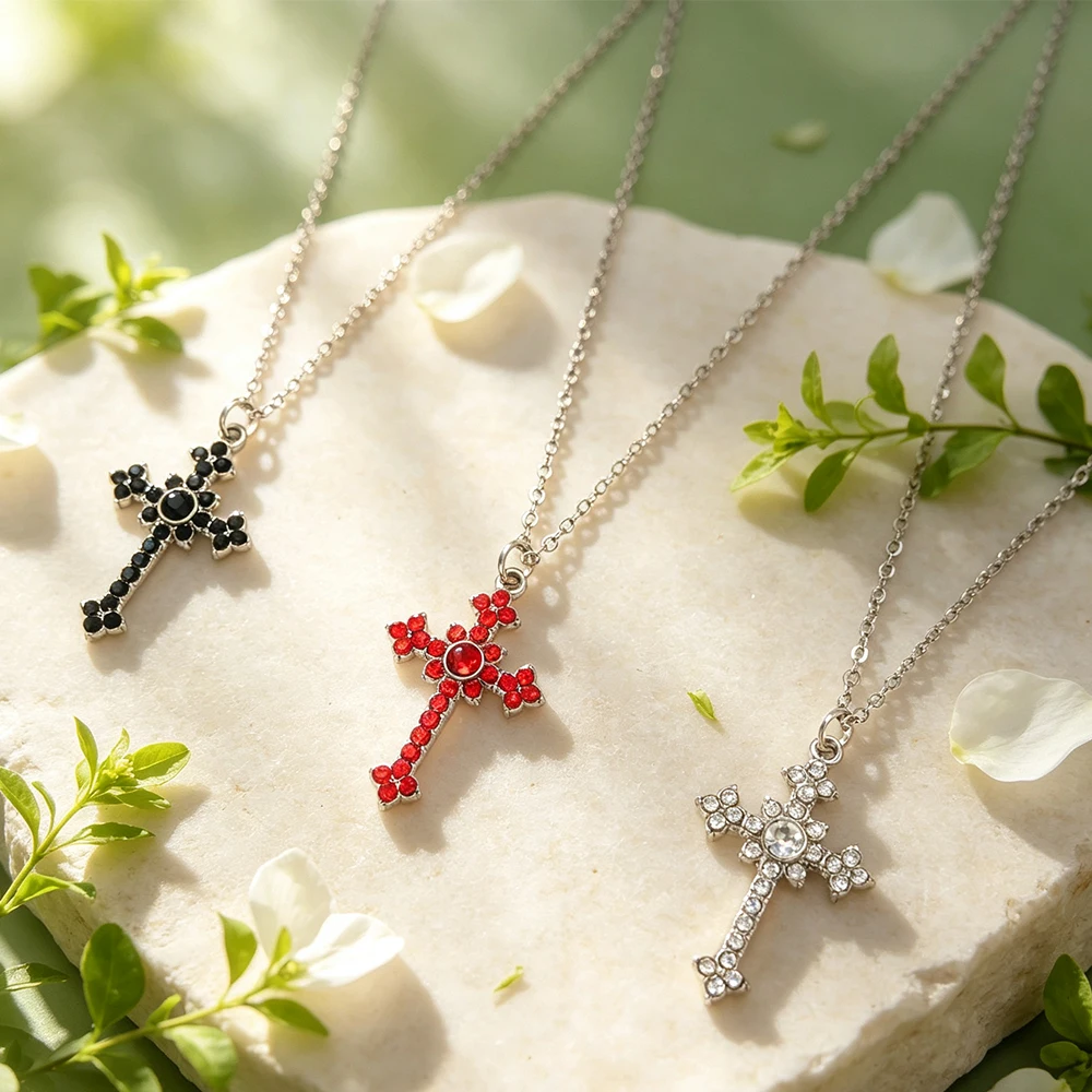 Vintage Full Diamond Cross Necklace, Silver Cross Pendant with Multiple Color Options, Cool Trendy Clavicle Chain