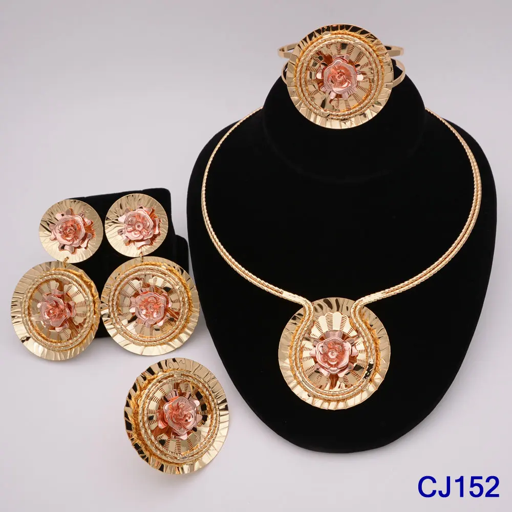 Luxury African Women Gold Plated 4pcs Jewelry Set Bridal Wedding Necklace Earrings Ring Bracelet Party Gifts