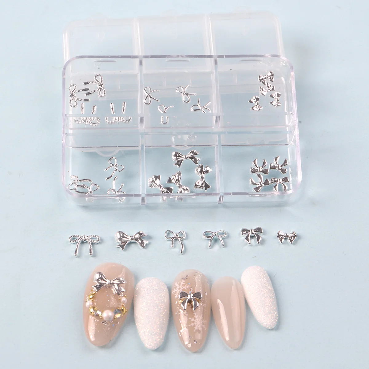 TSZS 6 Grids 3D Silver Bow Jewelry Nail Art Charms Fashion Women Nail Charms Bowknot Ribbon Nail Manicure Decoration