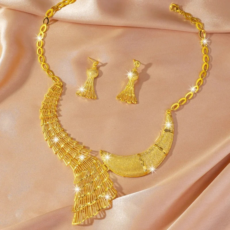 Luxury 24K 9999 Pure Gold Real Gold Women'S Dubai Phoenix Tail Necklace Earrings Wedding Suit