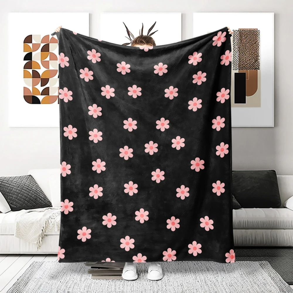 Black Pink Daisies Floral Cute Flannel Fleece Throw Blanket Soft Plush Bed Couch Cover Perfect Gift for Women Girls Kids