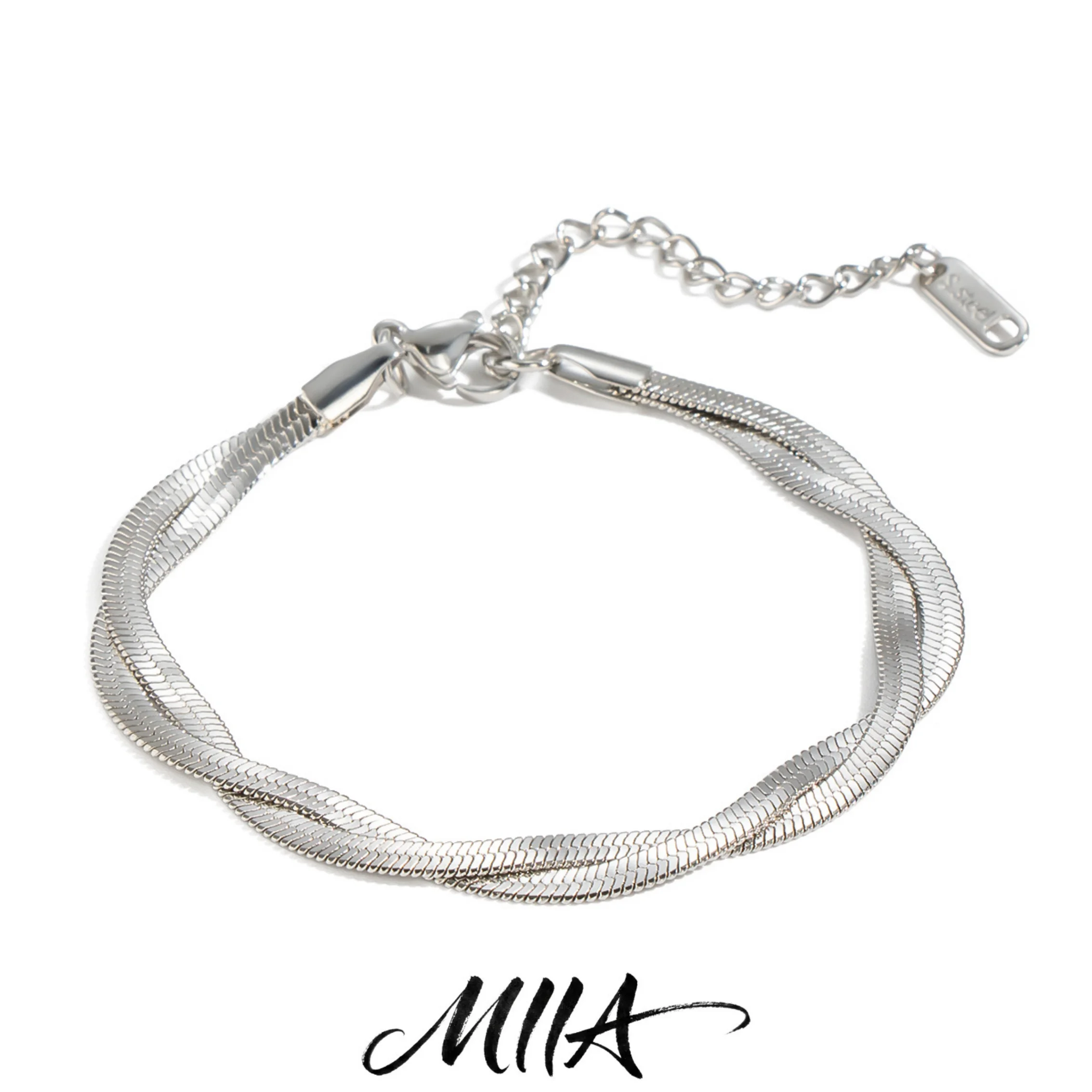 Miia Minimalism Silvery Stainless Steel Metal Double-layer 3MM Snake Chain Brcelets for Women Daily Wear