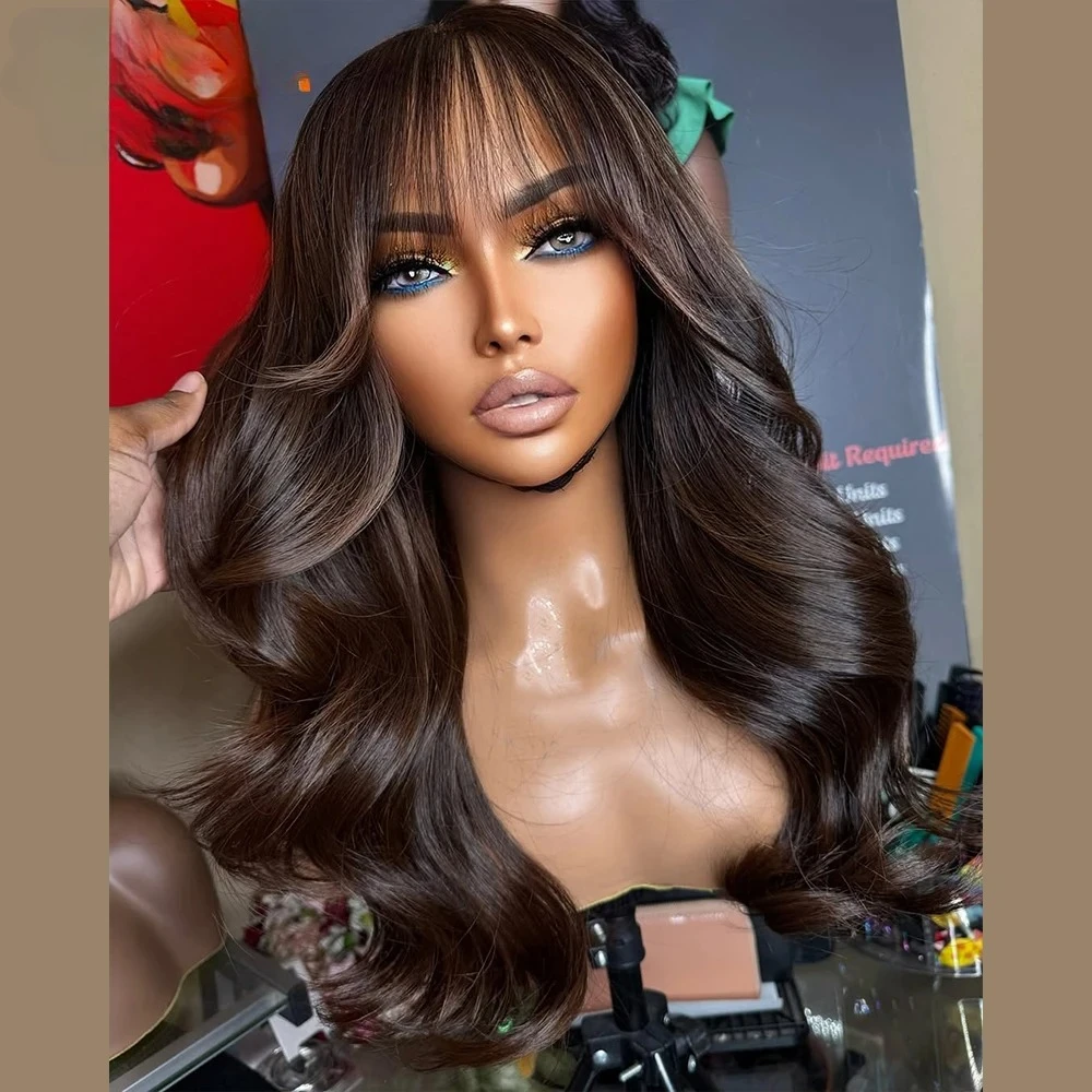 

Коричневый парик с хайлайтами и челкой, волнистый, 13x4 HD, с прозрачной кружевной передней частью, предварительно проработанная линия роста волос, термостойкие синтетические волосы