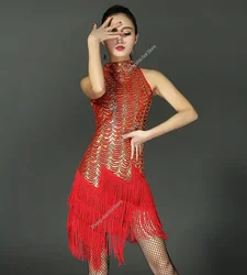 Fringe Latin Dance Dress Woman Tassel Sexy Sequin Ballroom Tango Salsa Tango Rumba Dance Costume Red Performance Stage Wear