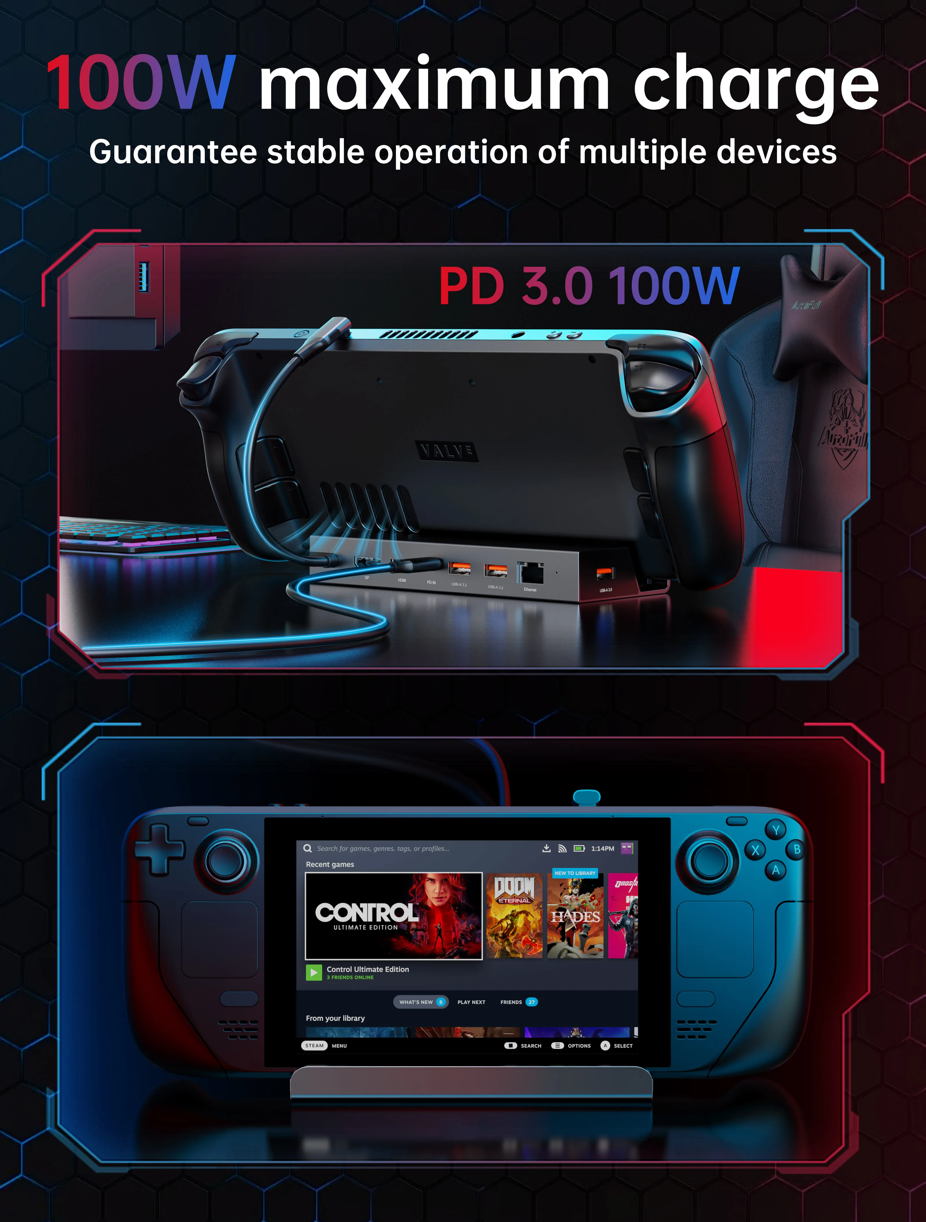 Imagem -06 - Steam Deck Docking Station em Usb c 4k 60hz Hdmi Pd100w4k @ 60hz Dp10gbps x Usb 3.2 Ethernet Gigabit Rog Ally