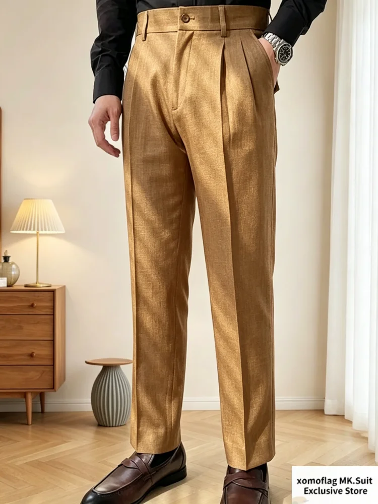 Linen-cotton Men Pants Slim Fit with Pockets Straight Leg Waist Elastic Lightweight Spring Autumn Outdoor Daily Wear for Men